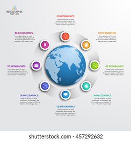 Circle infographic template with globe with 8 options. Business concept. Vector illustration.