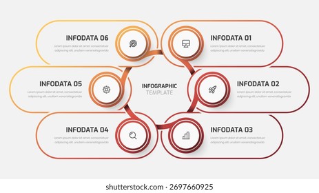 Plantilla de infografía de círculo con color de degradado, línea, seis opciones e icono