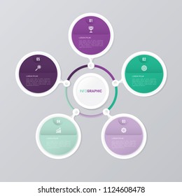 circle infographic template green and purple with 5 steps