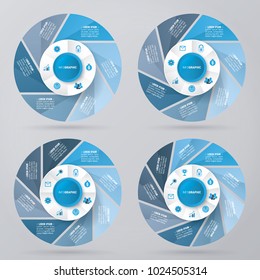 circle infographic template pie charts blue with 6, 7, 8, 9 steps