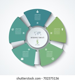 Circle Infographic Template. Process Wheel. Vector Pie Chart. Business Concept With 5 Options, Parts, Steps. Can Be Used For Diagram, Graph, Chart, Step By Step Infographics, Web Design