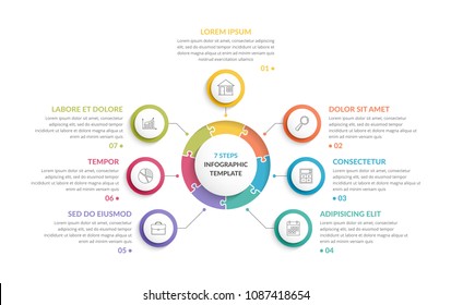 Plantilla infográfica circular con puzzle redondo con siete pasos u opciones, diagrama de procesos, infografías creativas del negocio, vectorial eps10 ilustración