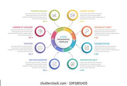 Circle infographic template with round puzzle with eight steps or options, process chart, creative business infographics, vector eps10 illustration