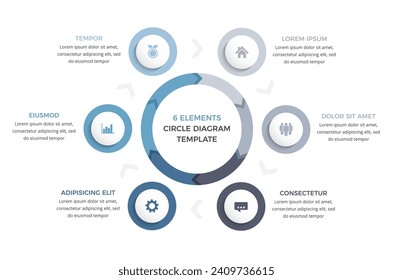 Plantilla de infografía de círculo con seis elementos, infografía de negocios, ilustración de eps10 vectoriales