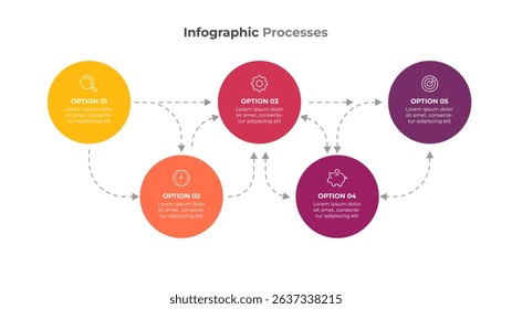 Circle infographic template. Timeline process with marketing icons and 5 options or steps. Vector illustration.