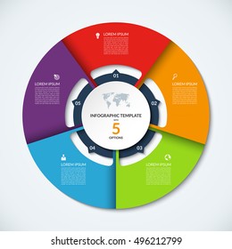 Circle infographic template. Vector layout with 5 options. Can be used for cycle diagram, round chart, graph, annual report, presentation, web design, step by step infographics