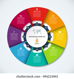 Modelo de infográfico circular. Layout vetorial com 8 opções. Pode ser usado para diagrama de ciclo, gráfico redondo, gráfico, relatório anual, apresentação, web design, infográficos passo a passo