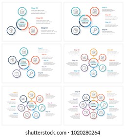 Plantillas de infografía de círculo con 3, 4, 5, 6, 7 y 8 Elementos, pasos u opciones, diagrama de flujo de trabajo o proceso, ilustración de Vector eps10