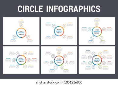 Circle infographic templates with 3, 4, 5, 6, 7 and 8 elements, steps or options, workflow or process diagram, vector eps10 illustration