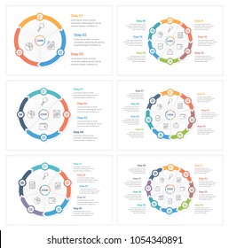 Circle infographic templates with 3, 4, 5, 6, 7 and 8 elements, steps or options, workflow or process diagram, vector eps10 illustration