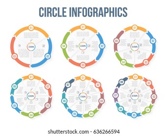 Circle infographic templates with 3, 4, 5, 6, 7 and 8 elements, steps or options, workflow or process diagram, data vizualization, vector eps10 illustration