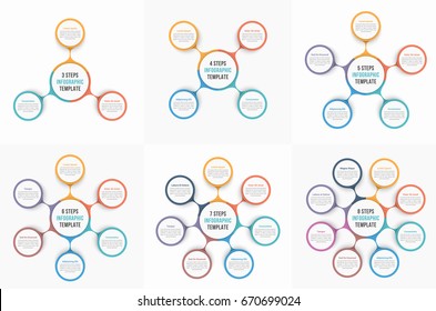 Circle infographic templates with 3, 4, 5, 6, 7 and 8 elements, steps or options, workflow or process diagram, data vizualization, vector eps10 illustration