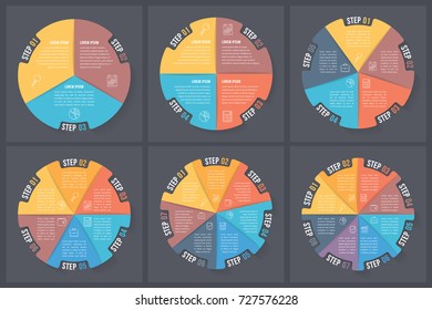 Circle infographic templates with 3, 4, 5, 6, 7 and 8 elements, steps or options, workflow or process diagram, data vizualization, vector eps10 illustration