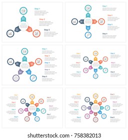 Circle infographic templates with 3, 4, 5, 6, 7 and 8 elements, steps or options, workflow or process diagram, vector eps10 illustration
