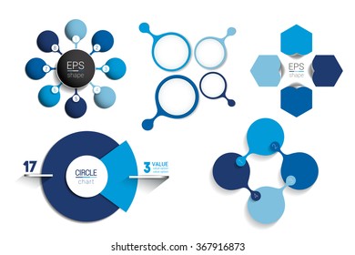 Circle Infographic Templates. Round Net Diagram, Graph, Presentation, Chart. Connected Concept Bubbles, Options, Steps, Parts, Text Fields, Processes.