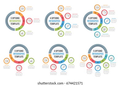 Circle infographic templates with three, four and five steps, vector eps10 illustration