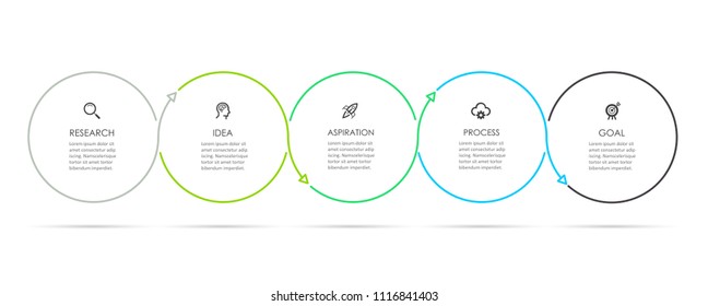 Diseño de línea delgada Circle Infographic con iconos y 5 opciones o pasos. Infografía para el concepto de negocio. Se puede utilizar para presentaciones banner, diseño de flujo de trabajo, diagrama de procesos, diagrama de flujo, gráfico de información