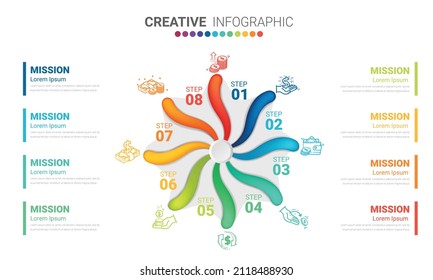 Diseño de línea delgada Circle Infographic y 8 opciones o pasos. Infografía para el concepto de negocio. Se puede utilizar para banner de presentaciones, diseño de flujo de trabajo, diagrama de procesos, diagrama de flujo.
