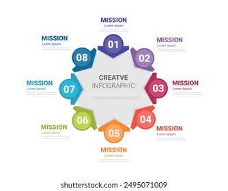 Círculo Infografía diseño de línea delgada y 8 opciones o pasos. Infografía para el concepto de negocio. Se puede utilizar para el Anuncio de presentaciones, diseño de flujo de trabajo, diagrama de proceso, diagrama de flujo. VECTOR EPS.