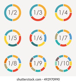 Circle infographics concept with 2,3,4,5,6,7,8,9,10 steps, parts, levels or options.Circular diagram set. Pie chart template. Colorful vector illustration.