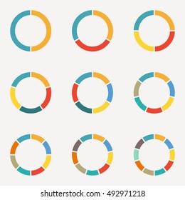 Circle infographics concept with 2,3,4,5,6,7,8,9,10 steps, parts, levels or options.Circular diagram set. Pie chart template. Colorful vector illustration.