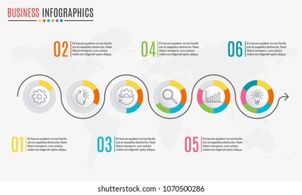 Circle infographics concept with 6 steps. Template for diagram, graph and pie chart. Timeline design with 6 levels, options, circles. Business presentation concept. Vector illustration.