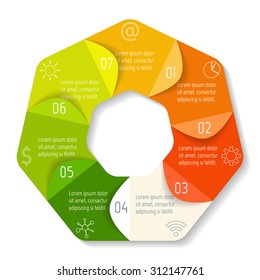 Circle infographics design template with 7 angles. Round banner with 7 options. Template for diagram, graph, presentation or chart. Business concept sequence banner. EPS10 workflow layout.