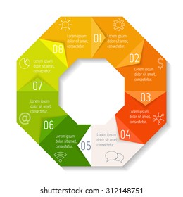 Circle infographics design template with 8 angles. Round banner with 8 options. Template for diagram, graph, presentation or chart. Business concept sequence banner. EPS10 workflow layout.
