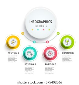 Circle infographics elements design. Abstract business workflow presentation with linear icons. Steps on timeline or job options in 3D style. Best for commercial slideshow, website landing interface.