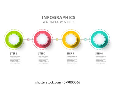 Circle infographics elements design. Abstract business workflow presentation with linear icons. Steps timeline or job options in 3D style. Best for commercial slideshow or website landing interface.