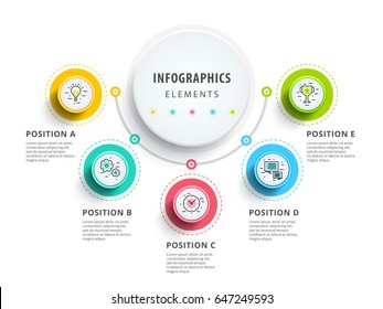 Circle infographics elements design. Abstract business workflow presentation with linear icons. 5 step on timeline or job options in 3D.. Best for commercial slideshow or website landing interface.