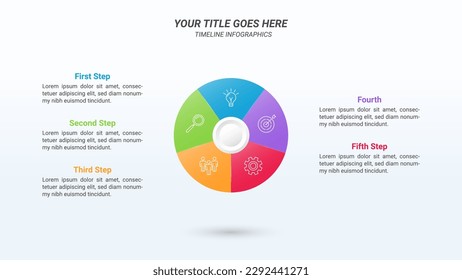 Circle Infographics with Five Steps and Business Icons on a 16:9 Ratio Layout for Business Advantages and Disadvantages, Business Goals, Business Reports, and Website Design.