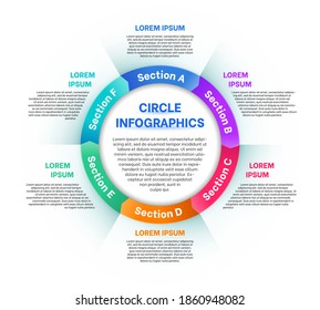 Circle infographics layout. Cycle diagram with five sections and business data. Presentation, advertising, report web design. Modern colorful business infographic template flat vector illustration