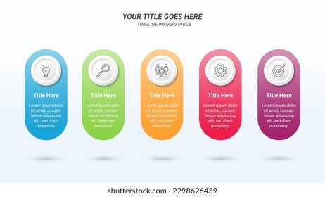 Circle Infographics in a Row with Five Steps, and Business Icons on a 16:9 Ratio Layout for Business Advantages and Disadvantages, Business Goals, Business Reports, and Website Design.