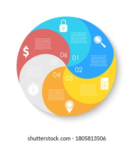 Circle infographics template can be used diagram, presentation or web design. Business concept with 6 options or steps. Vector infographic design.