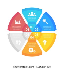 Circle infographics template can be used diagram, presentation or web design. Business concept with 6 options or steps. Vector infographic design.