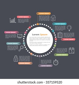 Circle infographics template, round cycle diagram or workflow, circle made of arrows with place for titles, icons and text, vector eps10 illustration