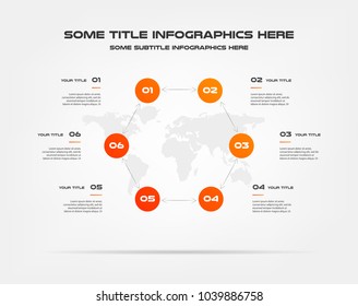 Circle infographics with world map. Element of chart, graph, diagram with 2 options - parts, processes, timeline. Vector business template for presentation, workflow layout, annual report