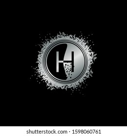 Circle Initial Letter H logo icon with grunge splash vector design concept silver color.