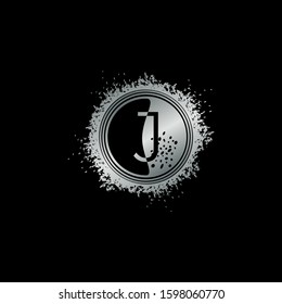 Circle Initial Letter J logo icon with grunge splash vector design concept silver color.