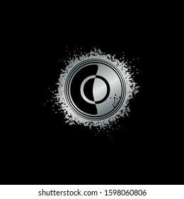 Circle Initial Letter O logo icon with grunge splash vector design concept silver color.