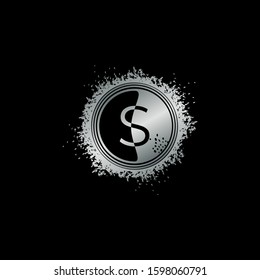 Circle Initial Letter S logo icon with grunge splash vector design concept silver color.