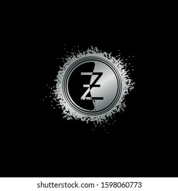 Circle Initial Letter Z logo icon with grunge splash vector design concept silver color.