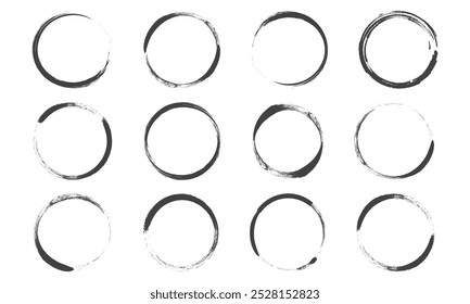 Circle ink stain, coffee or wine ring, paint brush, cup mark, black round trace line art, chalk outline design isolated on white background. Watercolor vector illustration