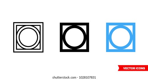 Circle inside square symbols icon of 3 types: color, black and white, outline. Isolated vector sign symbol.