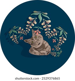 A circle inside which there are stylized flowers in the style of paintings of the peoples of Russia of the 19th century and a funny cat for websites, textiles, postcards, invitations, prints.