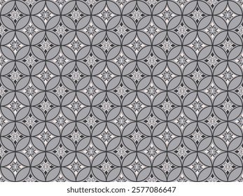 Circle intersection outlines seamless pattern with light and black star on light gray background. Vector illustration. For masculine male shirt lady dress cloth textile cover decoration all over print