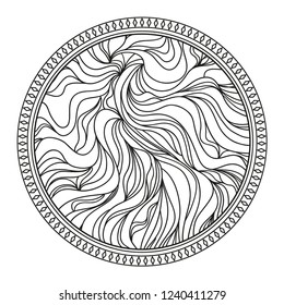 Circle intricate pattern on white. Hand drawn mandala on isolated background. Design for spiritual relaxation for adults. Doodle for work. Black and white illustration