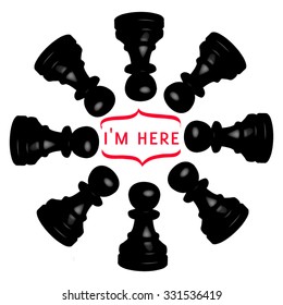 Circle of iron surround 3D chess pawns around the curly Skobov says "I'm here". All isolated. All isolated.