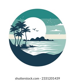 Circle island summer simple flat illustration. Landscape palm travel design logo. Hawaii paradise beach round art sign in vector flat style.